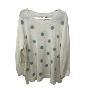 CJ Banks White Knit Sweater 3X Blue Polka Dot Crew Neck Fun‎ Cute Plus Size